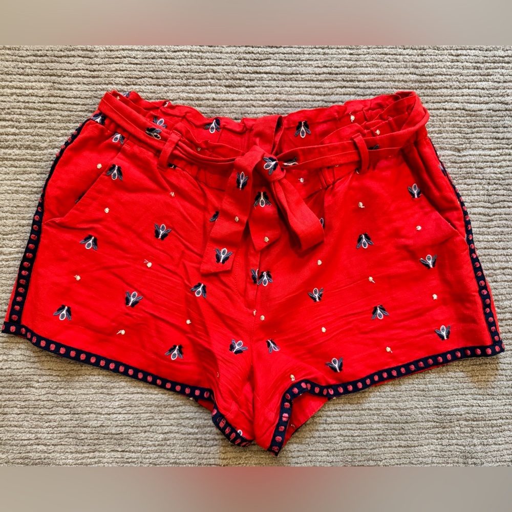 Ann Taylor Loft Women's Red Linen Blend Embroidered Waist Tie Shorts Petite M